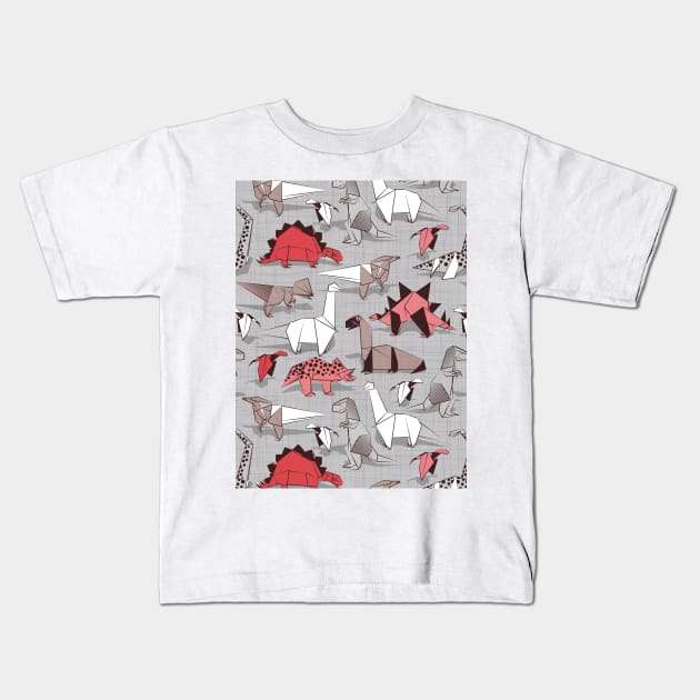 Origami dino friends // pattern // grey linen texture background red white and beige dinosaurs Kids T-Shirt by SelmaCardoso